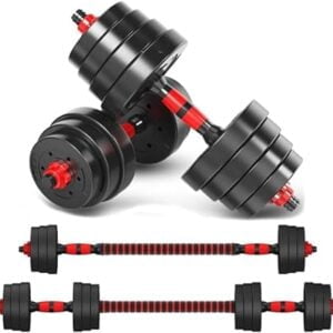 Riscko Juego de Mancuernas 2 en 1 10,15,20,30,40 y 50kg con Barra Recta Ajustable discos Recubiertos