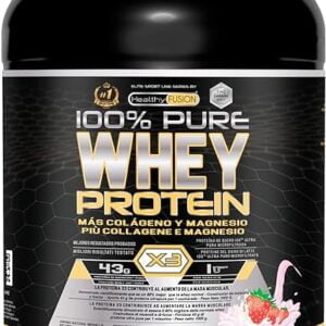 Healthy Fusion Whey Protein | Proteína pura con Colágeno + Magnesio | Tonifica y aumenta la masa muscular | Mejora tus entrenamientos | 1000g (Fresa)
