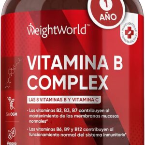 Vitamina B Complex con Vitamina C - 365 Comprimidos | Vitaminas 1 Año - Complejo B con Vitamina B1, B2, Vitamina B3, B5, B6, B8, B9, Vitamina B12 y Ácido Fólico | Apto para Veganos