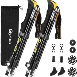 Glymnis Bastones de Senderismo Bastones Trekking Plegables 2pcs 36cm-130cm de Aleación de Aluminio 7075 y EVA para Senderismo Alpinismo Trail Viaje