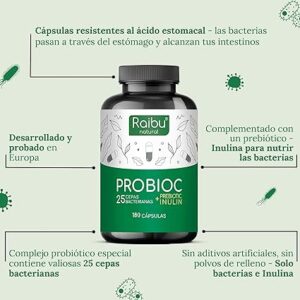 Probióticos y prebióticos intestinales - 180 cápsulas, 25 cepas bacterianas + Inulina, 60 Mil Millones UFC - Lactobacillus, Bifidobacterium, Máxima concentración