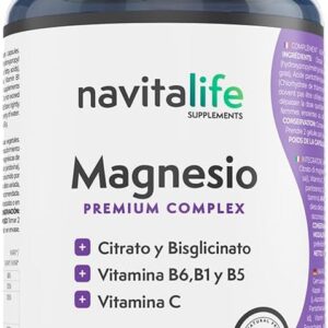 Magnesio puro. Citrato de magnesio 1545 mg + Bisglicinato de magnesio 600 mg + Vitamina C, B6, B1, B5. Reduce Cansancio y Fatiga. Alivia el dolor articular y muscular. 120 cápsulas vegetales.