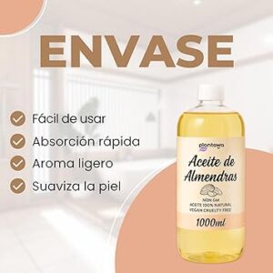 PLANTAWA Aceite de Almendras 1L | 100% Puro y Natural | Hidratante Corporal | Apto para Masajes, Bebés y Estrías | Sin Perfume | Textura Ligera y de Rápida Absorción